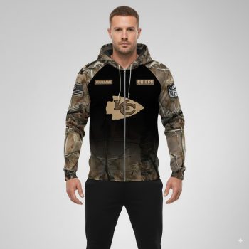 Kansas City Chiefs camo zip up hoodie with custom name option and bold team logos official NFL apparel