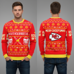 Kansas City Chiefs BBQ Christmas sweater red and yellow with festive barbecue theme official NFL holiday apparel