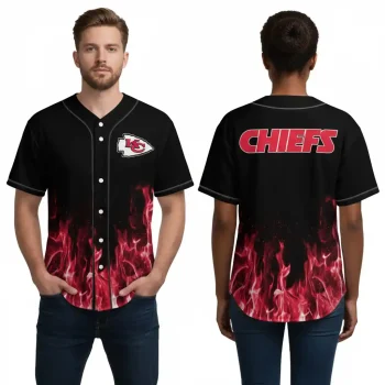 Kansas City Chiefs baseball jersey black red flames edition, fiery graphic design with Chiefs logo front & text back, unisex, sizes S-5XL