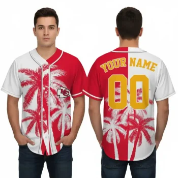 Kansas City Chiefs baseball jersey red white palm custom edition, tropical summer style with custom name & number, unisex, sizes S-5XL