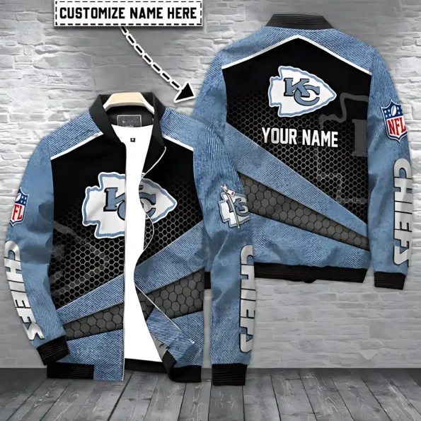 Kansas City Chiefs Bomber Jacket Denim Hex Custom unisex blue black honeycomb outerwear S-5XL durable material