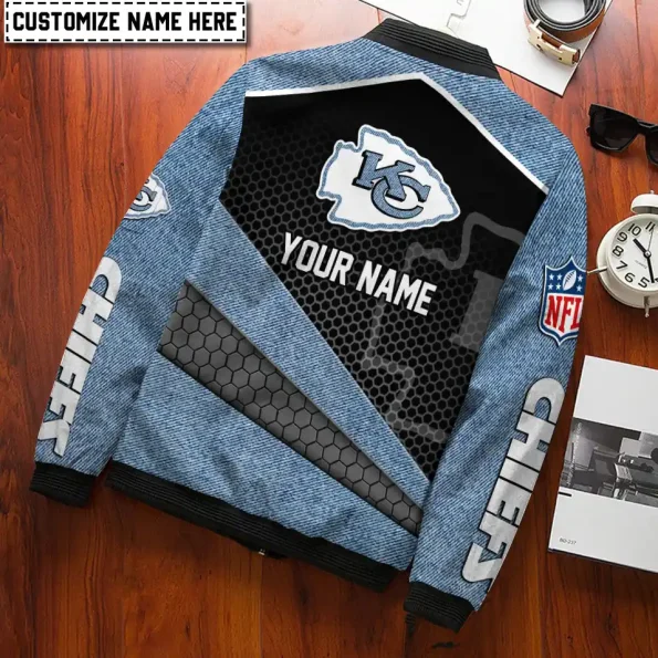 Kansas City Chiefs Bomber Jacket Denim Hex Custom unisex blue black honeycomb outerwear S-5XL durable material