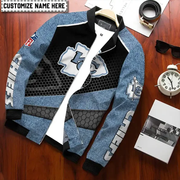 Kansas City Chiefs Bomber Jacket Denim Hex Custom unisex blue black honeycomb outerwear S-5XL durable material