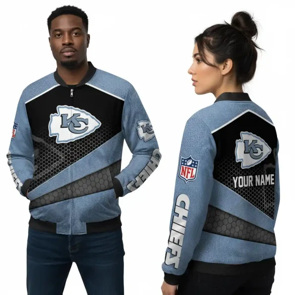 Kansas City Chiefs Bomber Jacket Denim Hex Custom unisex blue black honeycomb outerwear S-5XL durable material