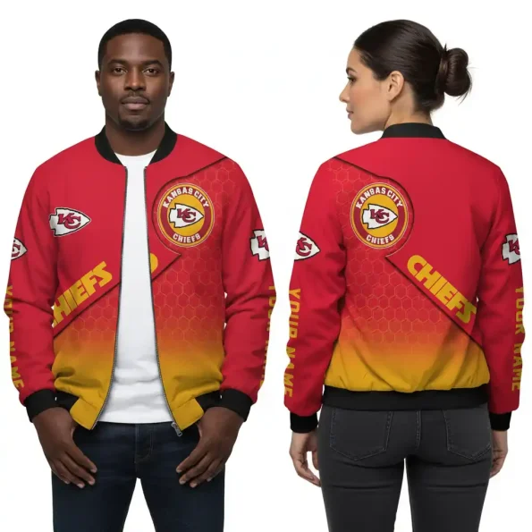 Kansas City Chiefs bomber jacket red yellow custom gradient – unisex outerwear with personalized name, stylish jackets for fans, sizes S–5XL