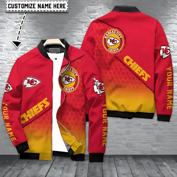Kansas City Chiefs bomber jacket red yellow custom gradient – unisex outerwear with personalized name, stylish jackets for fans, sizes S–5XL