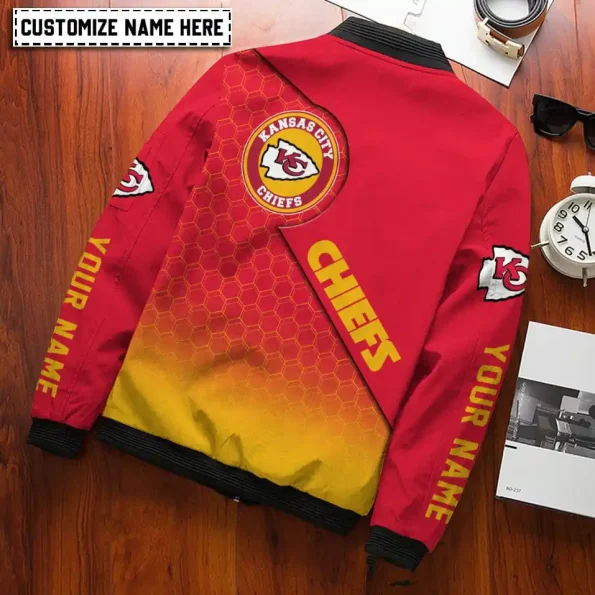 Kansas City Chiefs bomber jacket red yellow custom gradient – unisex outerwear with personalized name, stylish jackets for fans, sizes S–5XL