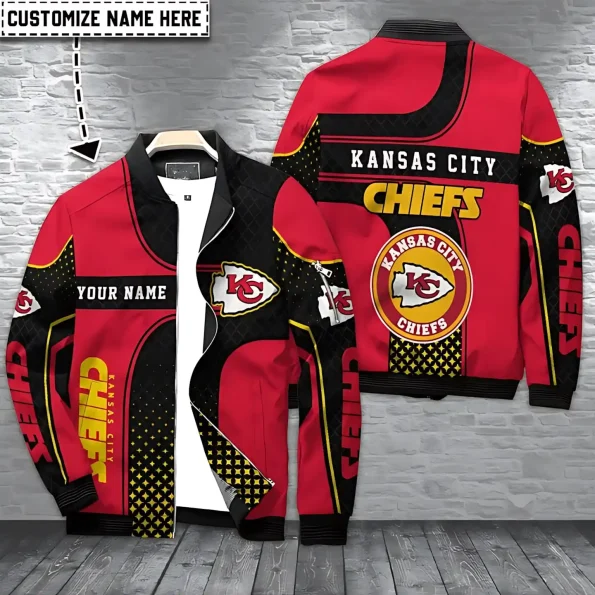 Kansas City Chiefs Retro Grid Bomber Jacket red black gold with custom name unisex outerwear S-5XL