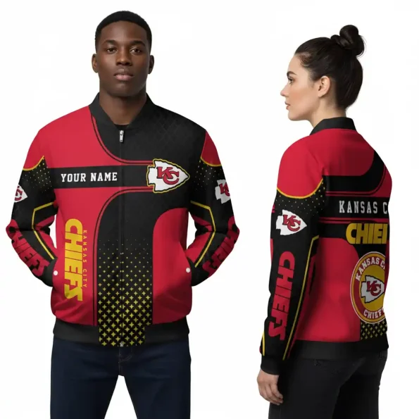 Kansas City Chiefs Retro Grid Bomber Jacket red black gold with custom name unisex outerwear S-5XL