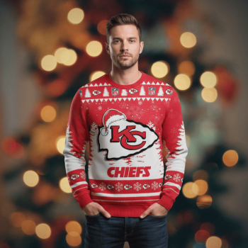 Kansas City Chiefs Christmas sweater red and white with festive holiday design and team logo official NFL apparel