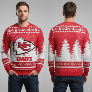 Kansas City Chiefs Christmas sweater red and white with festive holiday design and team logo official NFL apparel