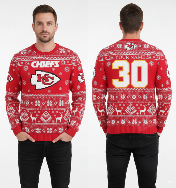 Kansas City Chiefs red snowflake Christmas sweater with custom name option and festive winter design