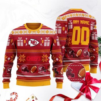 Kansas City Chiefs custom name Christmas sweater red and gold festive holiday NFL apparel with team logo