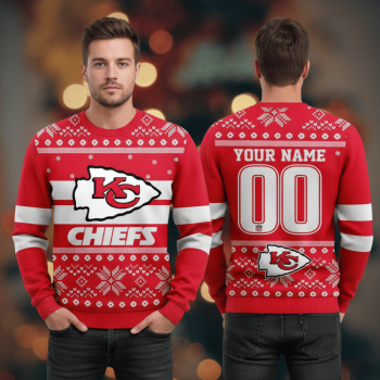 Kansas City Chiefs custom name Christmas sweater red and gold festive holiday NFL apparel with team logo
