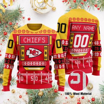 Kansas City Chiefs custom name scoreboard Christmas sweater with football field design for NFL fans