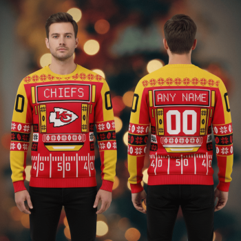 Kansas City Chiefs custom name scoreboard Christmas sweater with football field design for NFL fans