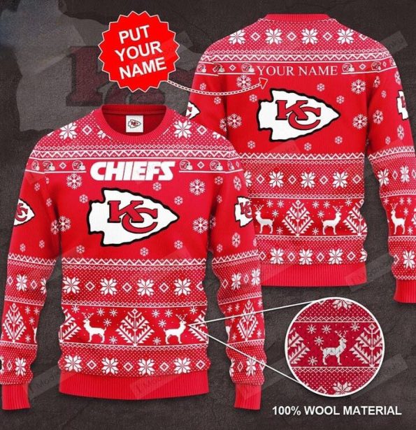 Kansas City Chiefs red snowflake Christmas sweater with custom name option and festive winter design