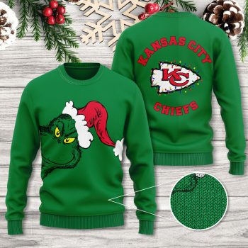 Kansas City Chiefs Grinch Christmas sweater green with festive holiday design and team logo official NFL apparel