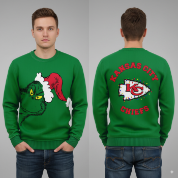 Kansas City Chiefs Grinch Christmas sweater green with festive holiday design and team logo official NFL apparel