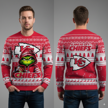 Kansas City Chiefs Grinch Christmas sweater red festive holiday design with team logo and Grinch artwork official NFL apparel