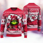Kansas City Chiefs Grinch Christmas sweater red festive holiday design with team logo and Grinch artwork official NFL apparel