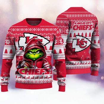 Kansas City Chiefs Grinch Christmas sweater red festive holiday design with team logo and Grinch artwork official NFL apparel