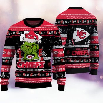 Kansas City Chiefs Grinch Love Christmas sweater red and black festive holiday NFL apparel with team logo
