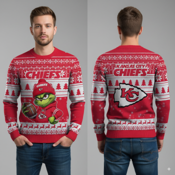 Kansas City Chiefs Grinch ugly Christmas sweater red festive design with team logo and Grinch artwork official NFL apparel