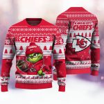 Kansas City Chiefs Grinch ugly Christmas sweater red festive design with team logo and Grinch artwork official NFL apparel