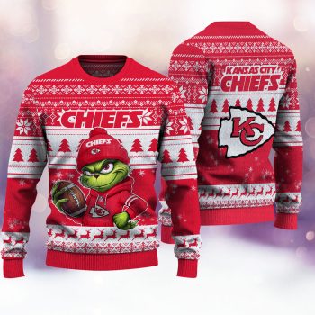 Kansas City Chiefs Grinch ugly Christmas sweater red festive design with team logo and Grinch artwork official NFL apparel