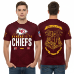 Kansas City Chiefs Hogwarts crossover shirt with team logo and Hogwarts crest design, sizes S-5XL