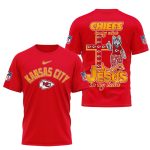 Front and back of a red Kansas City Chiefs shirt with a "Jesus in my heart" and KC Wolf graphic on the back.