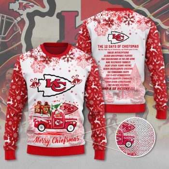 Kansas City Chiefs Christmas sweater red and white with festive holiday design and team logo official NFL apparel