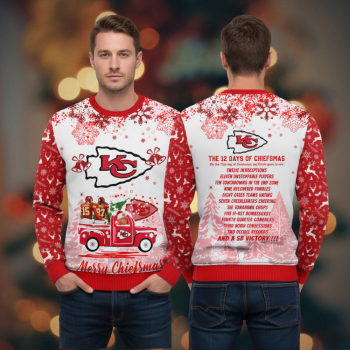 Kansas City Chiefs Christmas sweater red and white with festive holiday design and team logo official NFL apparel