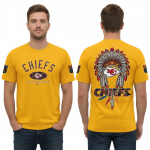 Front and back view of the Kansas City Chiefs Native American Heritage Month gold shirt with a headdress graphic.