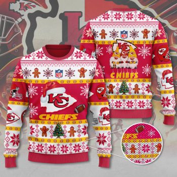 Kansas City Chiefs ugly Christmas sweater with festive gingerbread and snowflake design official NFL holiday apparel