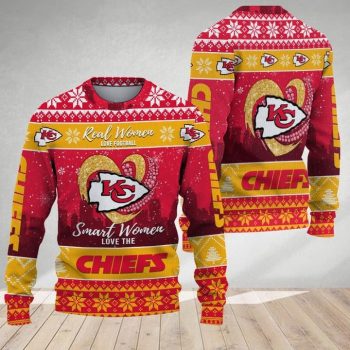 Kansas City Chiefs women’s Christmas sweater with Real Women Love Football Smart Women Love the Chiefs design
