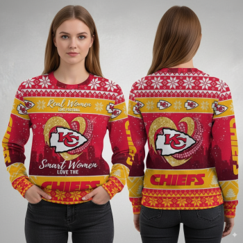 Kansas City Chiefs women’s Christmas sweater with Real Women Love Football Smart Women Love the Chiefs design