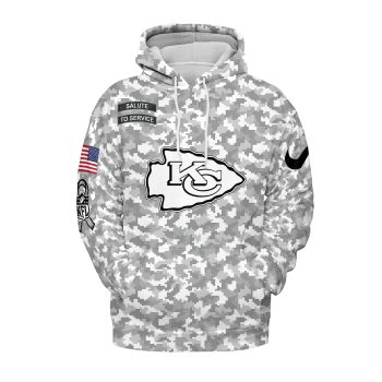 Custom Kansas City Chiefs Salute to Service camo hoodie with team logo, American flag patch, and personalized name option.
