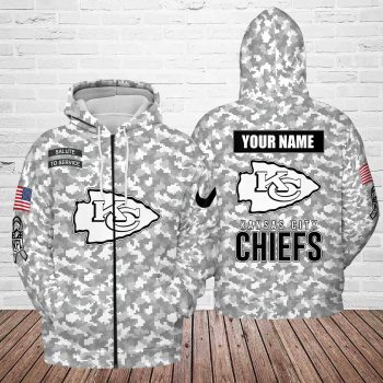 Custom Kansas City Chiefs Salute to Service camo hoodie with team logo, American flag patch, and personalized name option.