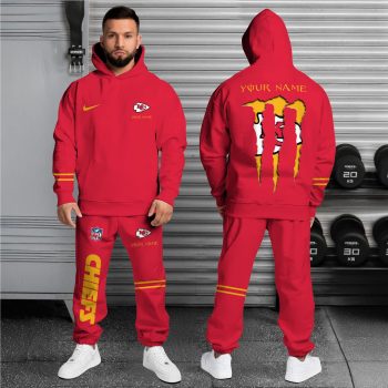 Red Personalized Kansas City Chiefs Monster Energy Hoodie with custom name option and NFL fan design