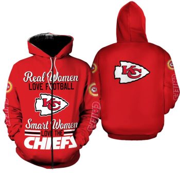Red Kansas City Chiefs women’s zip hoodie with slogan Real Women Love Football Smart Women Love the Chiefs